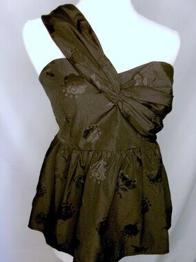 Amy Enjoy Life One Shoulder Black Floral Jacquard Bubble Hem Top Size M